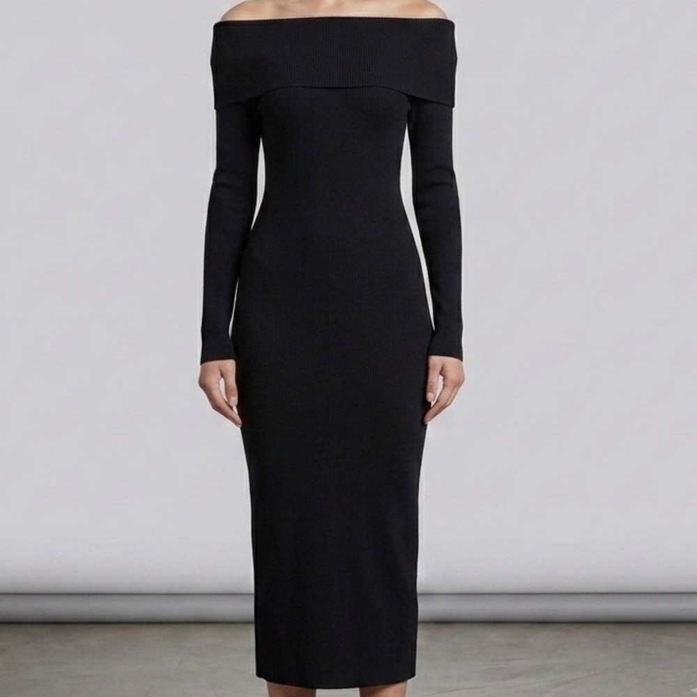 Ann Taylor Black Off The Shoulder Ribbed Knit Midi Sweater Dress MP Petite
